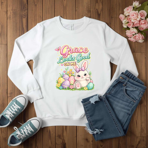Grace Looks Good on Me, Easter Bunny Crewneck Pullover Sweatshirt