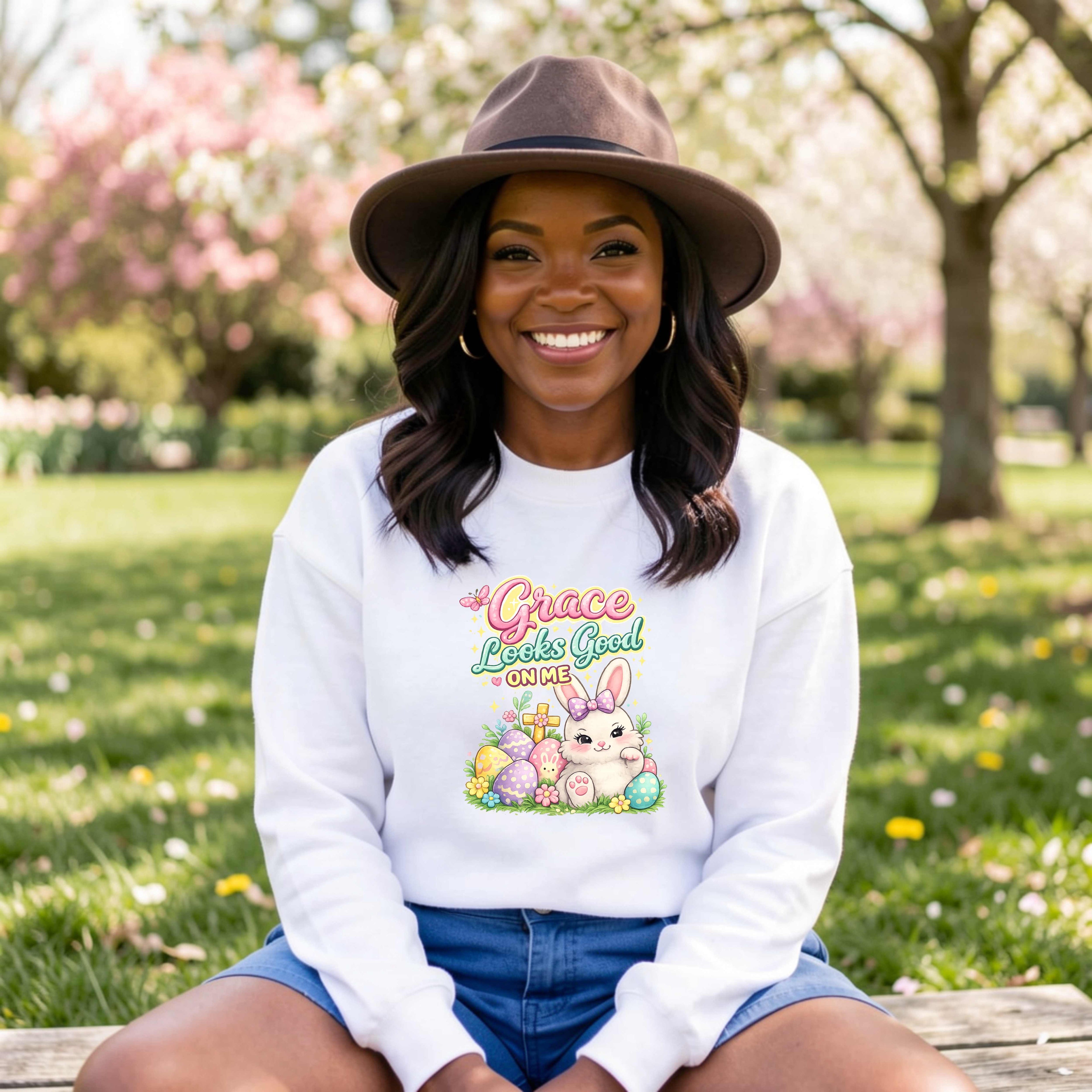 Grace Looks Good on Me, Easter Bunny Crewneck Pullover Sweatshirt